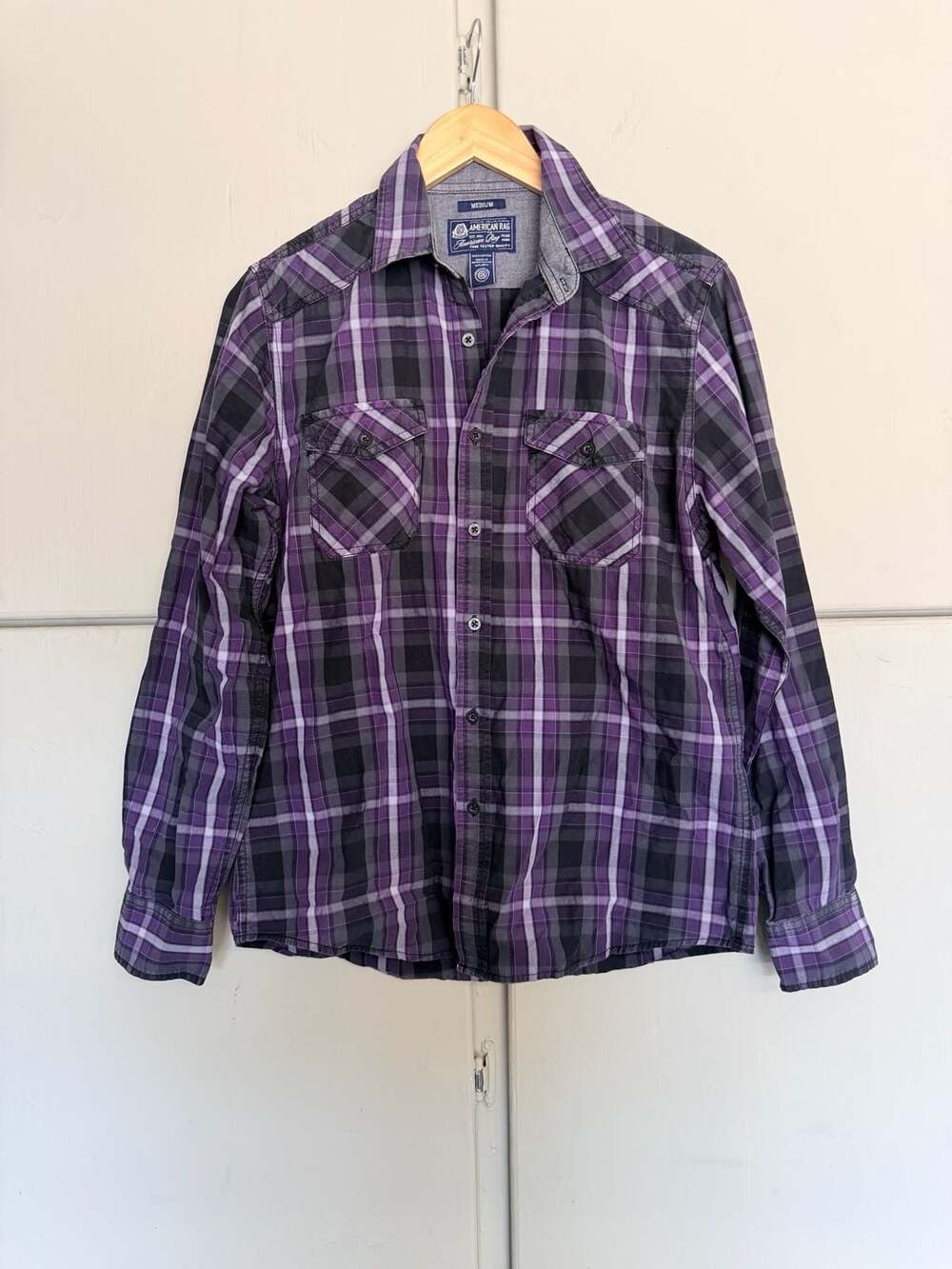 American Rag CIE Men's Purple Black Plaid Long Sleeve Button-Up Shirt Size M